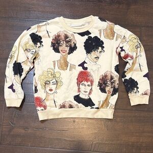 Mini Rodini Cream Crewneck Sweater with Multicolor Face Illustration